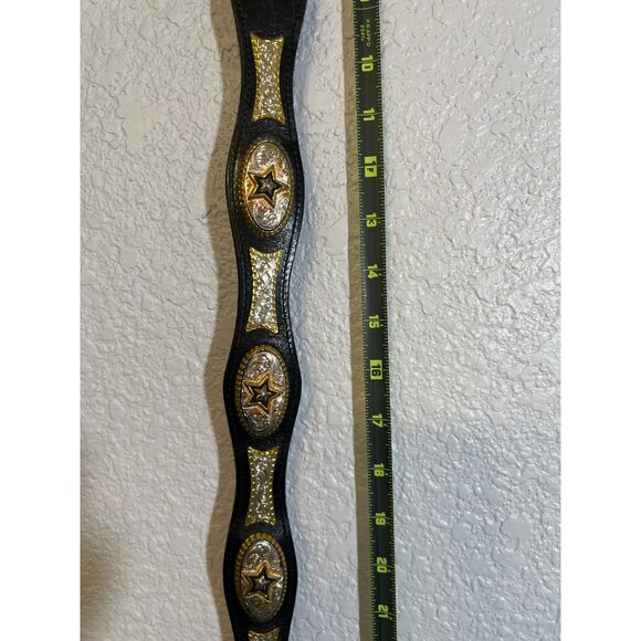 Vtg Western Tooled Leather Belt Silver & Gold Star Conchos Black Sz 38 Unisex - Picture 10 of 14